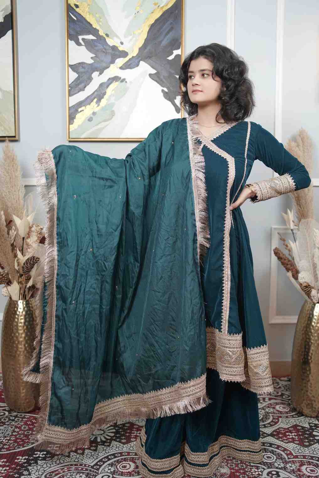 Velvet Angrakha Suit Set With Dupatta