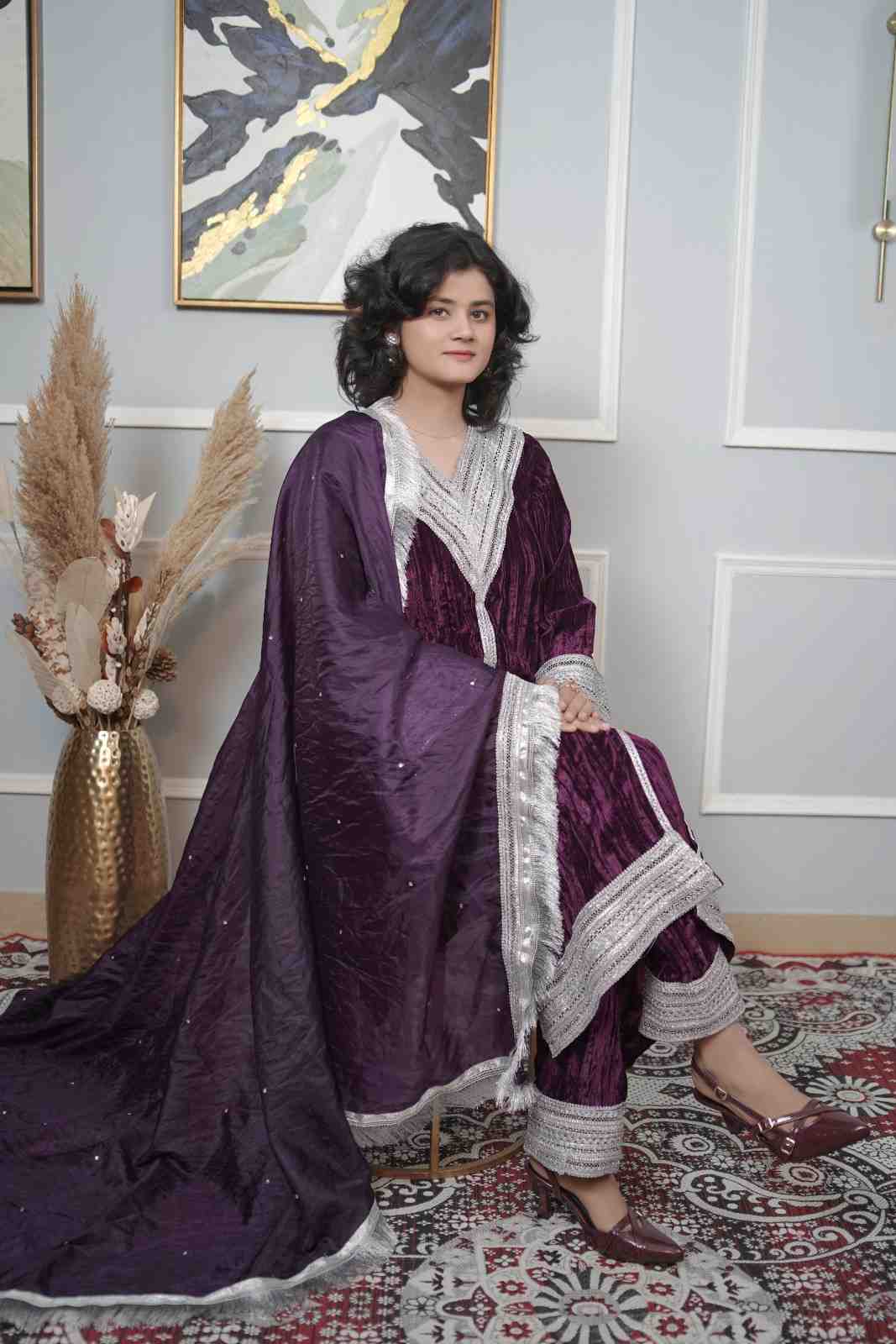 Velvet A-Line Suit Set With Dupatta